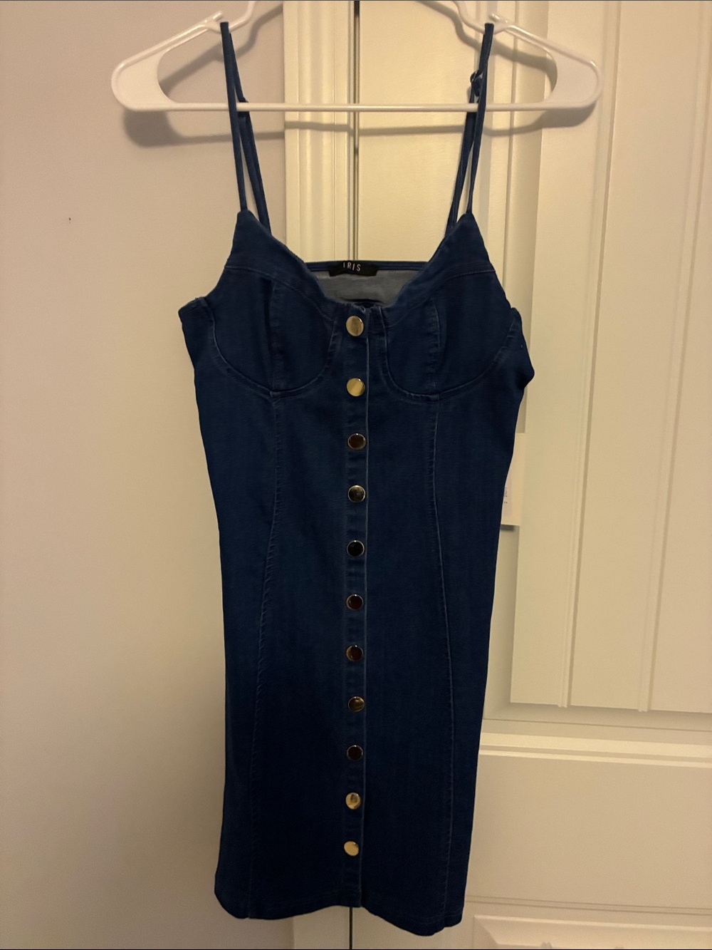 iris Dark Blue Button-Front Denim Slip Dress